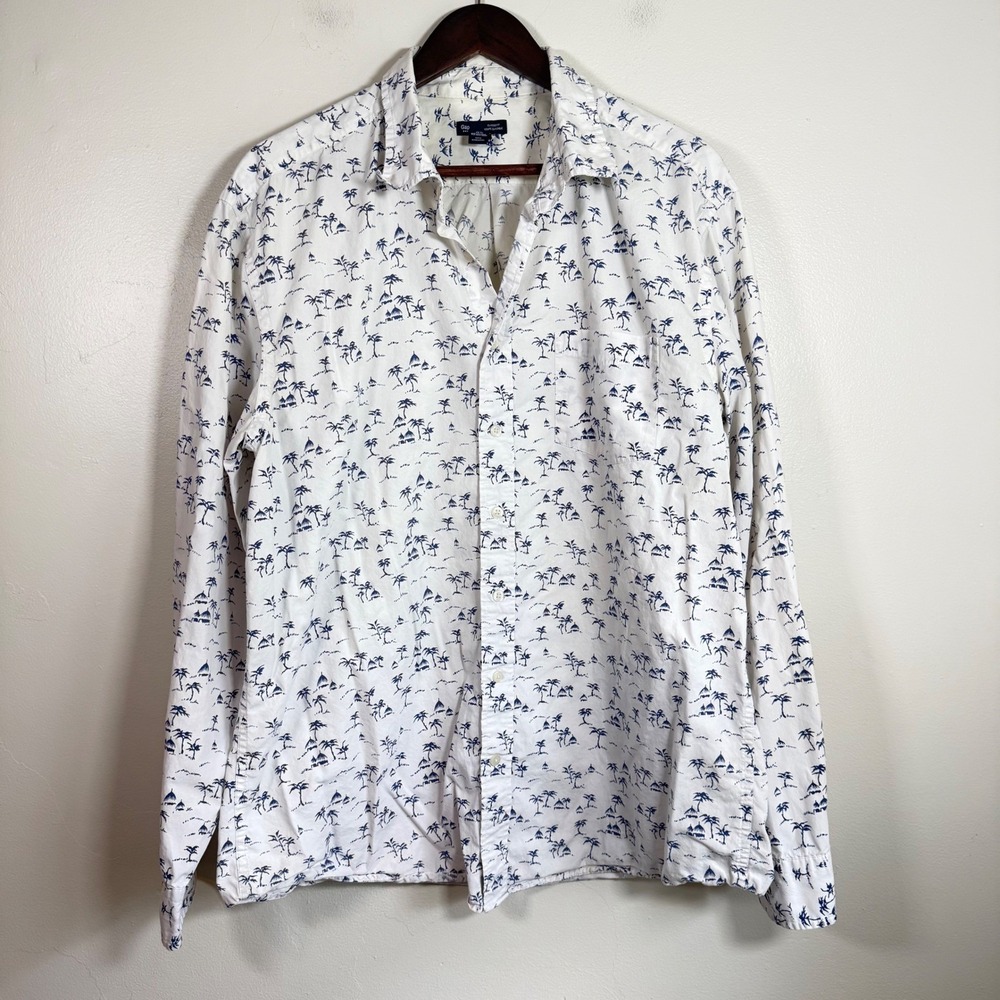 Gap Classic Fit Palm Tree Print Button Down Shirt Size XL White Blue